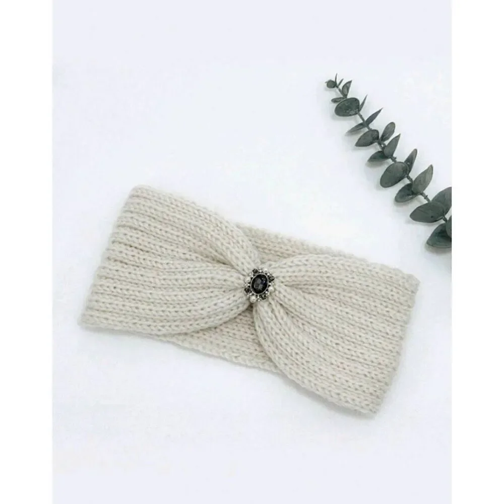 Ladies Ivory Vintage Style Jewel Knitted Winter Headband - Brand New